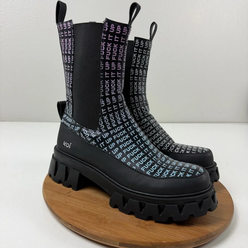Koi Dolls Kill ‘F it up’ Black Platform Chelsea Boots - Picture 2 of 10